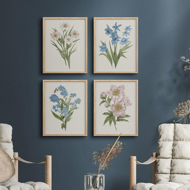 «Daisy Magnolia Floral», ensemble de 4 impressions murales bleues et roses vives encadrées sur papier, impression de 4 pièces