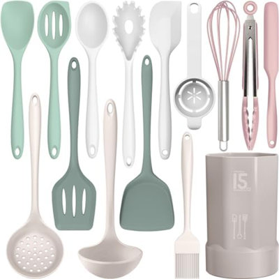 Ensemble d'ustensiles de cuisine en silicone résistant à la chaleur jusqu'à 230 °C (446 °F) : spatule, cuillère, accessoires et outils pour la cuisine antiadhésive. Compatible lave-vaisselle, sans BPA (multicolore).