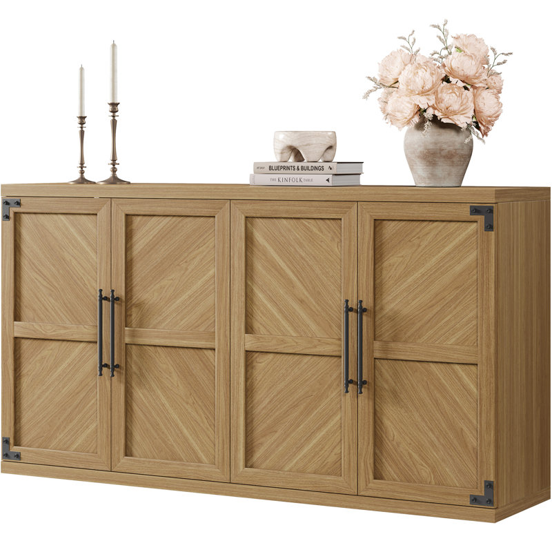 Buffet de rangement grande capacité de 61,3 po avec tablettes réglables et 4 portes, Brun chêne