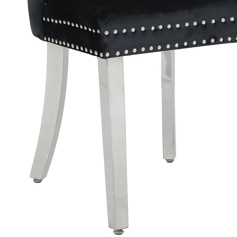 Chaises de salle à manger rembourrées avec dossier capitonné avec pieds en acier inoxydable, Noir, Argent argent