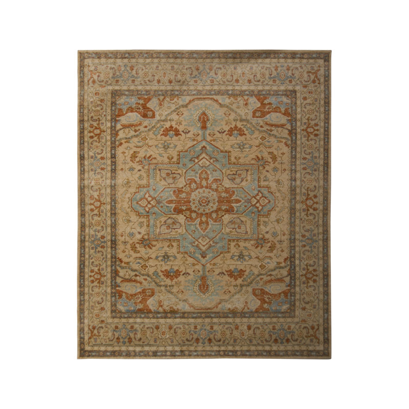 Hand-Knotted Serapi Rug Beige Blue Red Medallion Serapi Pattern By Rug & Kilim, Rectangle 10' x 14'