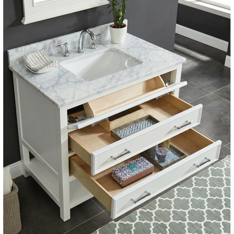 Ensemble de meuble-lavabo simple 36 po avec plateau en marbre de qualité supérieure Pamula, blanc colombe, Blanc doux