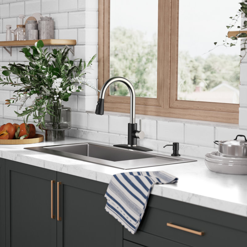 Pull Down Single Handle Kitchen Faucet with Accessories, Black/Chrome