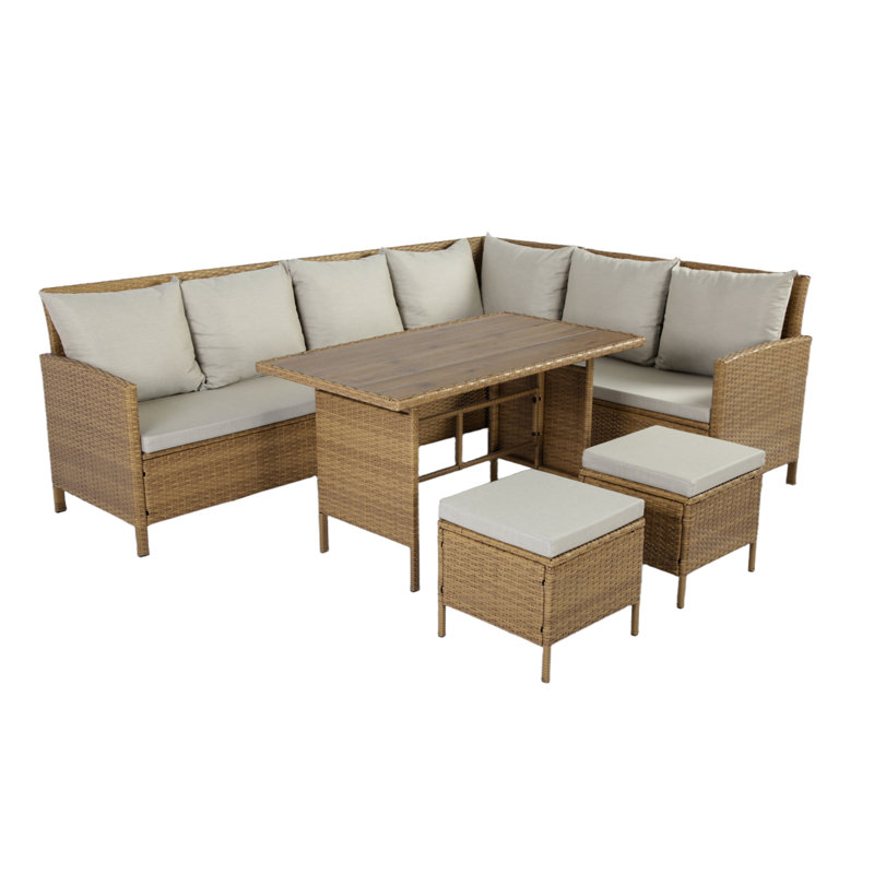 Wicker 7 - Person Garden Lounge Set with Cushions, Beige, Brown