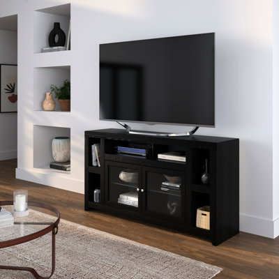 Meuble télé 65 po avec abat-jour, pour téléviseur de 75 po ou moins, peuplier et bois, 6 tablettes, 2 portes vitrées, assemblage minimal requis, console de gestion des câbles pour 75 po, finition, assemblage et gestion