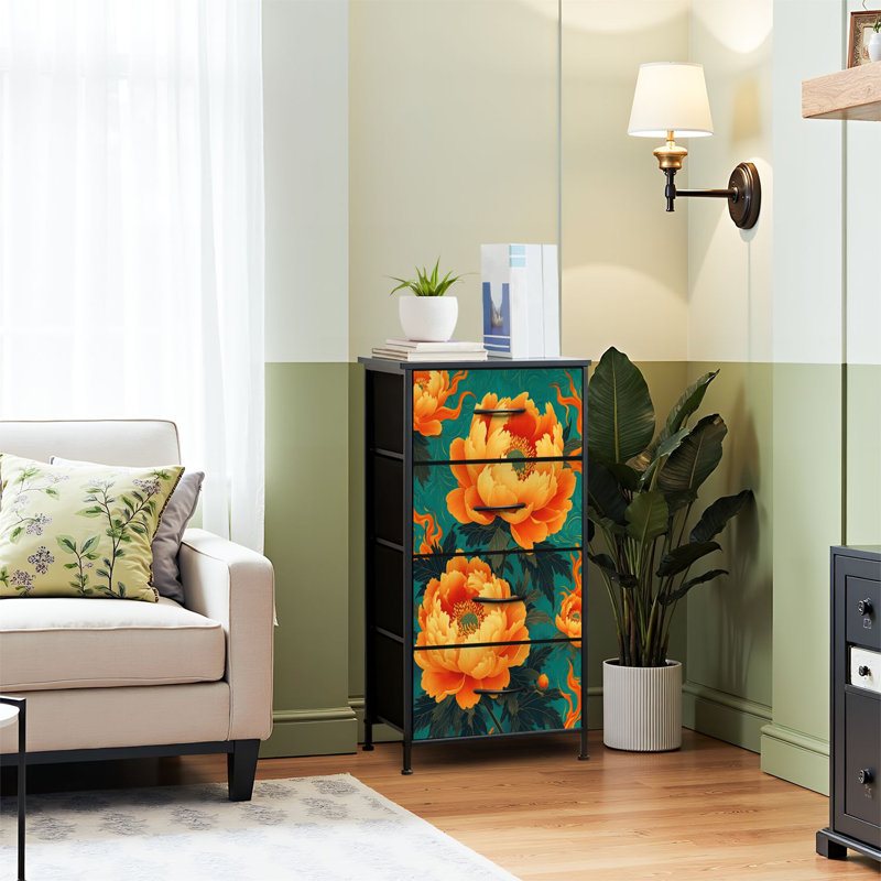 Commode pour commode de chambre à coucher pour commode orange vif jaune pivoines qui coule vert orange commodes et commodes de rangement en tissu et bacs de rangement avec 4 tiroirs