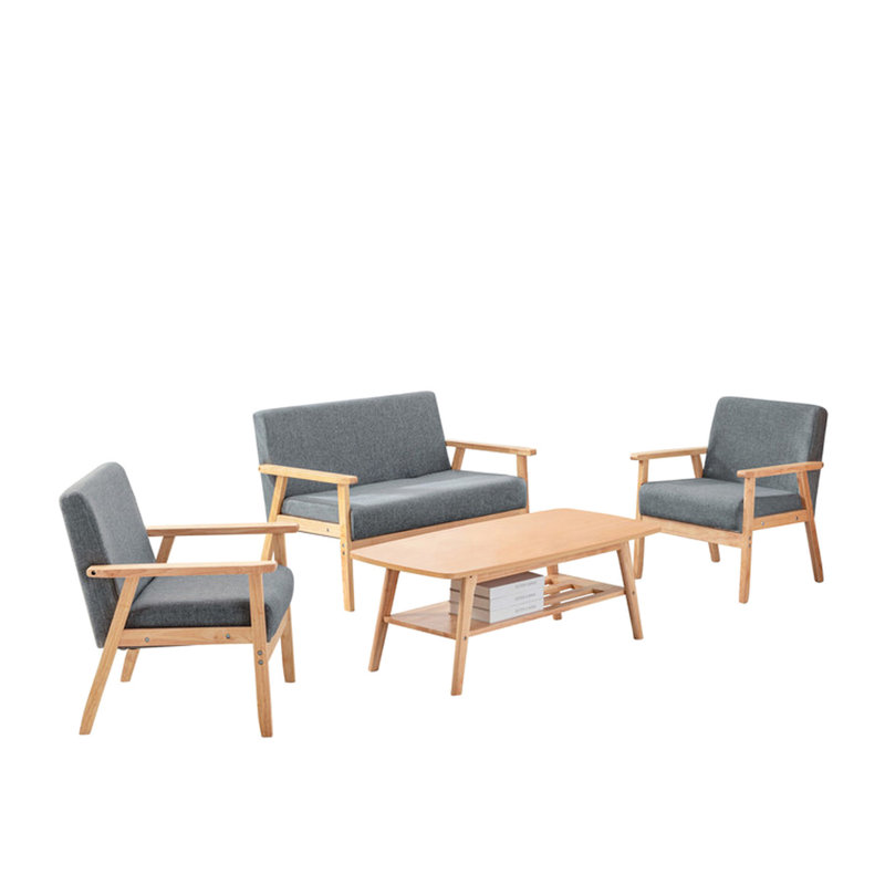 Table basse et 2 chaises Style, siège en lin gris, bois massif