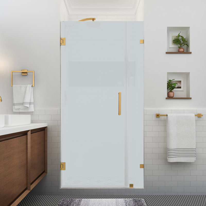 Nautis XL 34.25 - 35.25 in. W x 80 in. H Hinged Frameless Shower Door W/ Ultra-Bright Frosted Glass, Brushed Gold