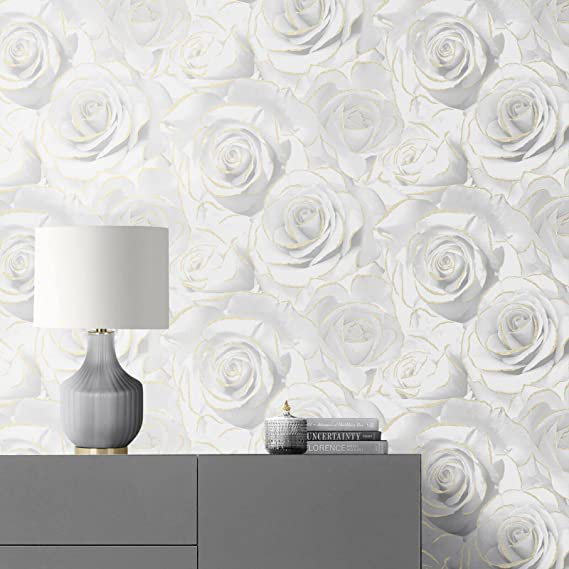 Floral Bloom Light Grey Silver Glitter Detail Roses Wallpaper – Offset Match Pattern With Easy To Apply To Paste The Paper, Washable, Good Lightfastness