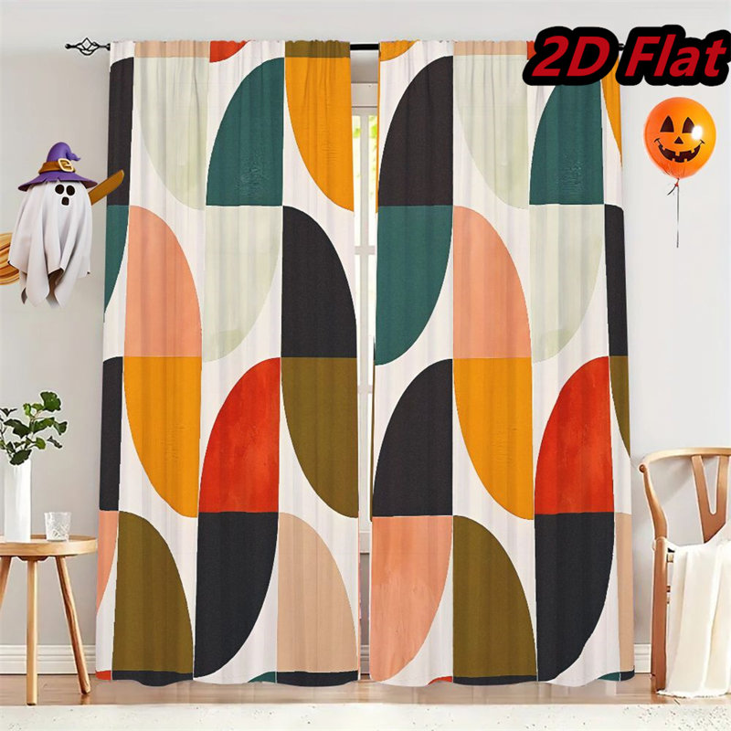 2Pcs Mid Century Modern Geometric Curtains Semi Sheer Rod Pocket Window Panels Abstract Colorful Half Circle Pattern Treatment for Living Room Bedroom Kitchen Farmhouse Home Decor
