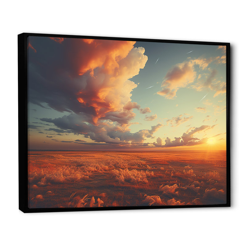 «Sunset Summer Meadows - Prairies», reproduction sur toile, Cadre flottant noir, 12" H x 20" W