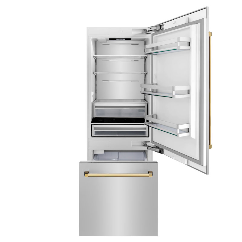 ZLINE 30 Autograph Edition 16.1 cu. ft. Built-in 2-Door Bottom Freezer Refrigerator with Accent, Gold, Stainless Steel