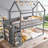 Solid pine platform bunk bed, gray-toned, twin-over-twin house design with built-in shelves and drawers for kids bedroom-1180004619