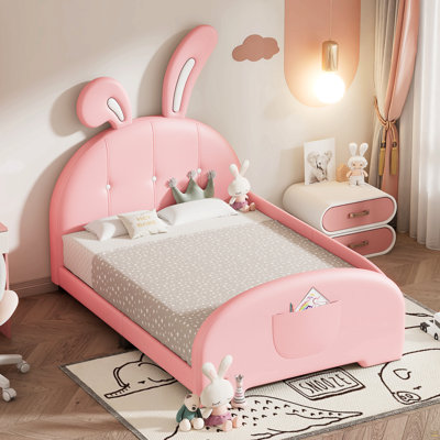 Lit simple tapissier princesse en forme de lapin, lit plateforme simple avec tête et pied de lit