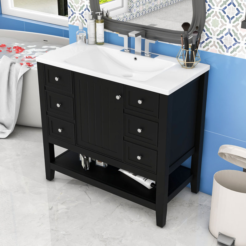 Meuble-lavabo avec une armoire et trois tiroirs, Noir