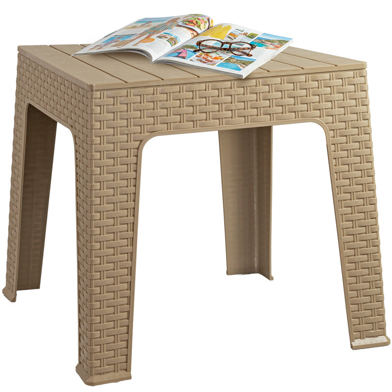 Table de bout carrée en plastique pour patio - 17,75 po - Plateau de table en faux planches beige - Ensemble de 4, 4 Packs