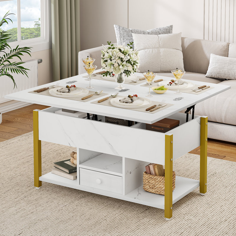 Afeez Lift Top Coffee Table with Storage，Extendable Coffee Table Centre Table for Living Room, White, Gold
