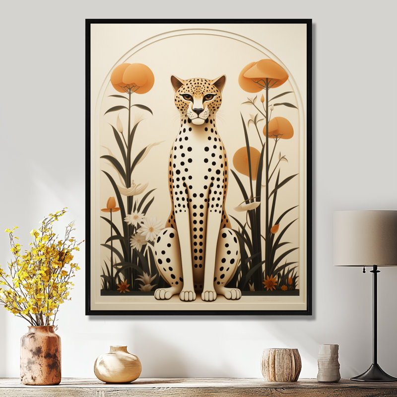 Guépard beige et vert du milieu du siècle - Art mural guépard, H 20 po x l 12 po x P 1 po, Cadre flottant noir