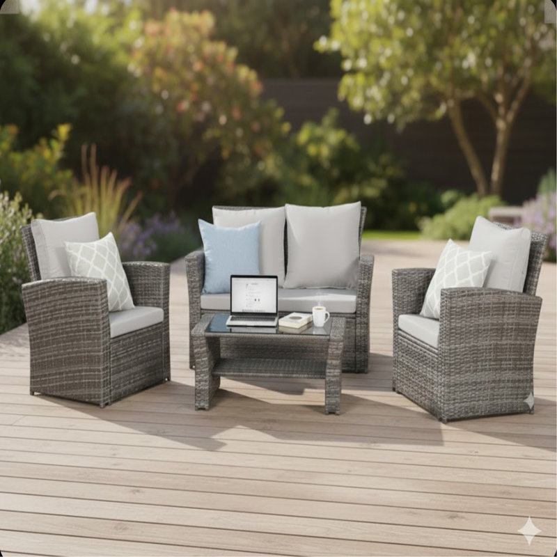 4-Piece All Weather Wicker Patio Conversation Set With Gray Cushions And Glass Table, Gray