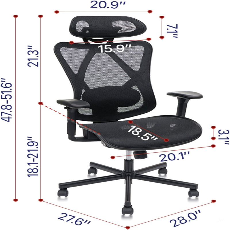 Mesh Office Chair,Ergonomic Office Chairs With Wheels,Adjustable Lumbar Support,Armrest,Headrest-Tilt High Back Desk Chair With Mute Wheel For Office, Home, Gaming