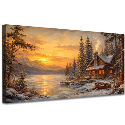 Tableau sur toile représentant un chalet au bord d'un lac, un chalet rustique sous un ciel doré, un paysage d'hiver vintage, une décoration horizontale grand format pour la maison, un chalet ou un bureau, prêt à accrocher, 50 x 100 cm