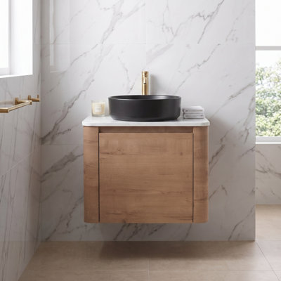 Ensemble de meuble-lavabo simple flottant 24 po avec lavabo en céramique noir mat imitation chêne