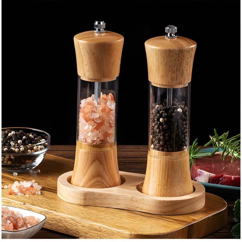 Moulin à poivre transparent de qualité supérieure en chêne et acrylique pour sel, poivre et épices - Outil de cuisine essentiel de 6 pouces