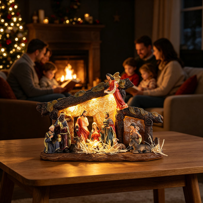 Crèche de Noël de 38 cm avec figurines et lumière DEL