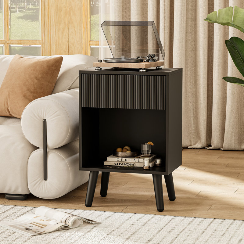 Mid-century Modern Fluted Nightstand, 1-drawer Bedside Table With Open Shelf And Solid Wood Legs, Noir / Noir