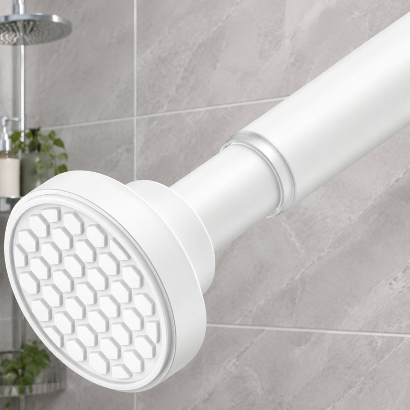 Une barre de douche blanche robuste de 2,5 cm (1 po) à ressort, réglable de 107 à 188 cm (42 à 74 po) ; sa conception antidérapante et sans perçage permet une installation sans outil et sans dommage pour les salles de bains, les fenêtres, les placards et les portes.