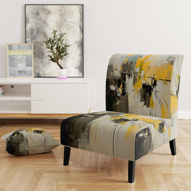 Paper Euphoria I - Upholstered Contemporary Slipper Chair, Orange Accent Chair, Yellow/Black/Gray/Beige