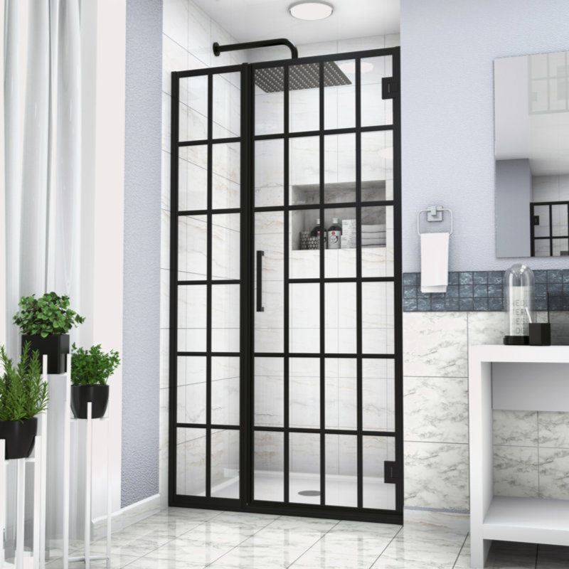 Porte de douche l 40 po x H 72 po Porte de douche pivotante sans cadre avec motif en verre, entrée ouverte, noir mat