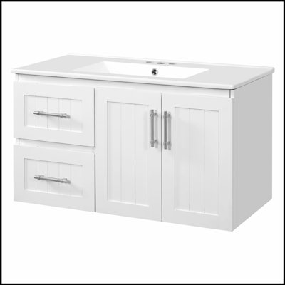 Meuble-lavabo mural 36 po avec 2 tiroirs, lavabo simple en céramique à 3 trous et tablette réglable