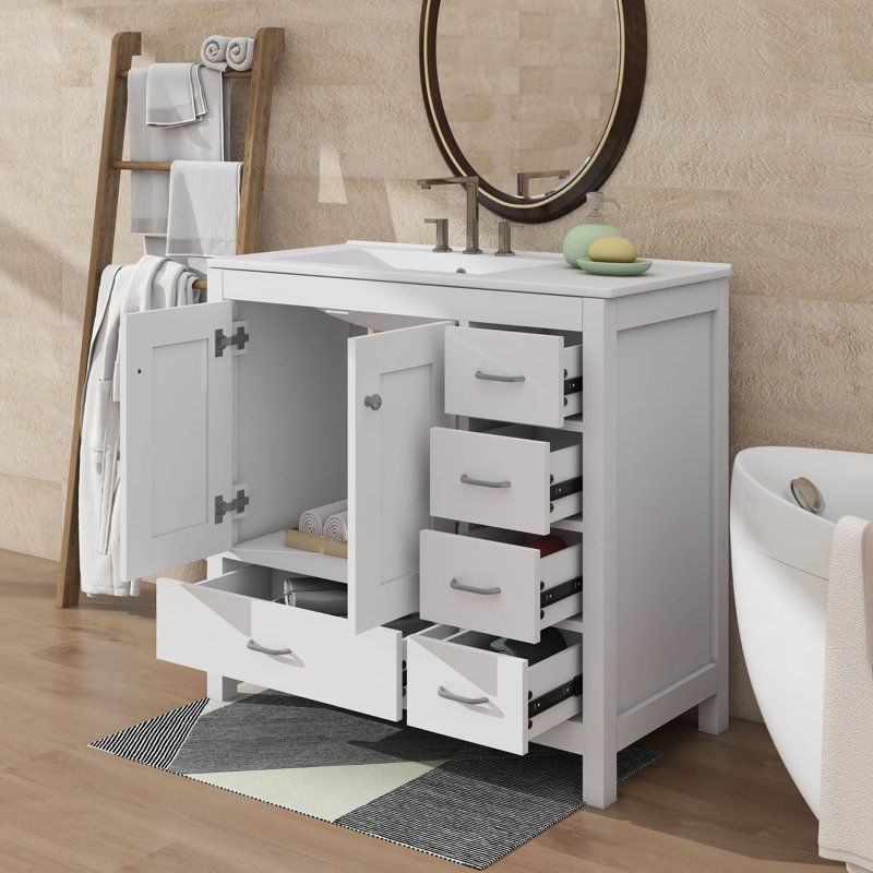Meuble-lavabo de salle de bain 36 po avec lavabo 36 po - 5 tiroirs pratique, Blanc, Gris