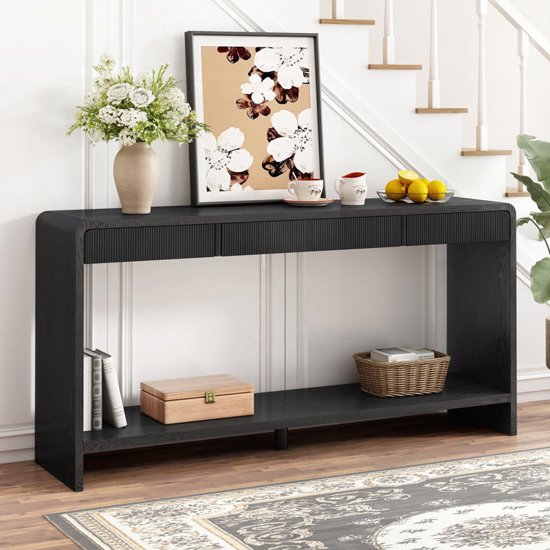 Modern 3-Drawer Console Table with Vertical Slats, Black