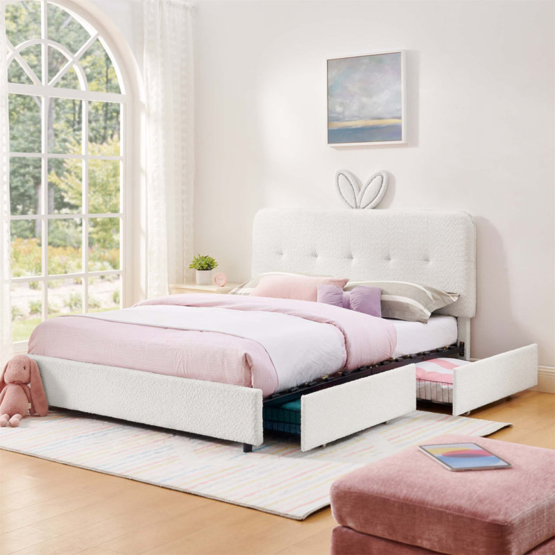 Lit tapissier pour enfants avec tête de lit à oreilles en lapin, lumière DEL et 4 tiroirs de rangement, tissu Boucle (84,5 po x 62,75 po x 41 po)
