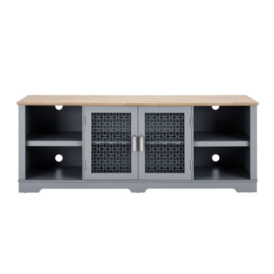 Console bleue et chêne, pour téléviseur de 80 po ou moins, avec meuble de rangement d'apparence moderne, chêne, ajustement 80 po, l 70 po x P 15,14 po H 27,36 po, nombreuses options de rangement