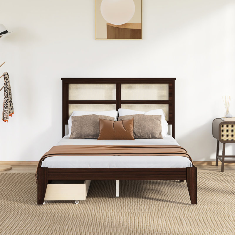 Lit plateforme en bois d'hévéa avec deux tiroirs, tête de lit en rotin, Lit double, Espresso