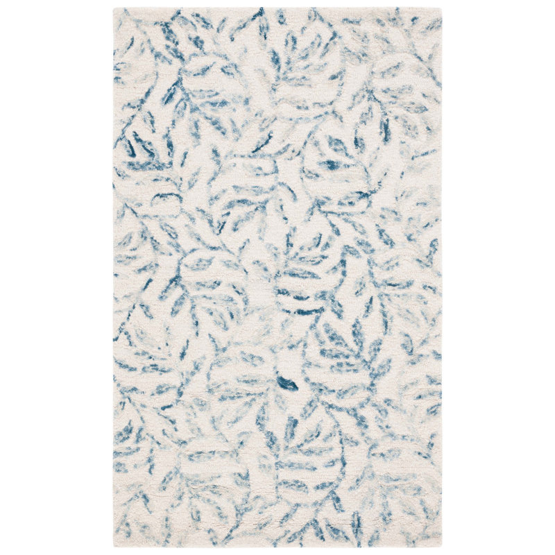 Tapis floral en laine / coton touffeté à la main Jardin en ivoire / bleu, Rectangulaire 3 pi x 5 pi