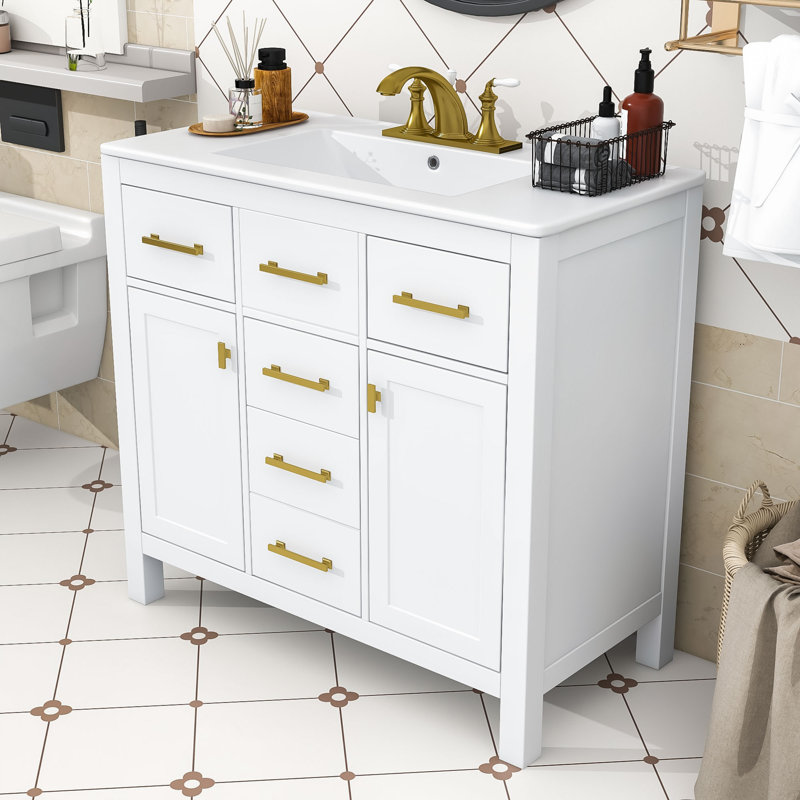 Meuble-lavabo simple en bois Voronica avec lavabo en céramique et rangement multifonctionnel, Blanc