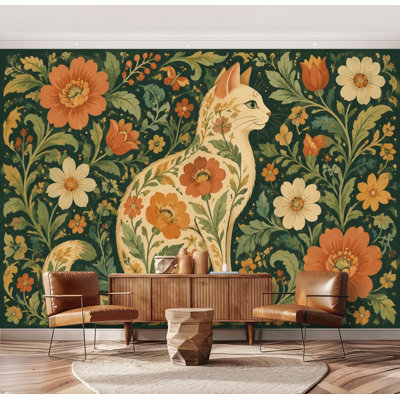 Wall Mural Peel and Stick folk floral cat vintage folk art Botanical Patterns Large Wallpaper Self-Adhesive Removable Contact Paper Wall Decor for Living Room Bedroom Nursery 69"H x 96"W