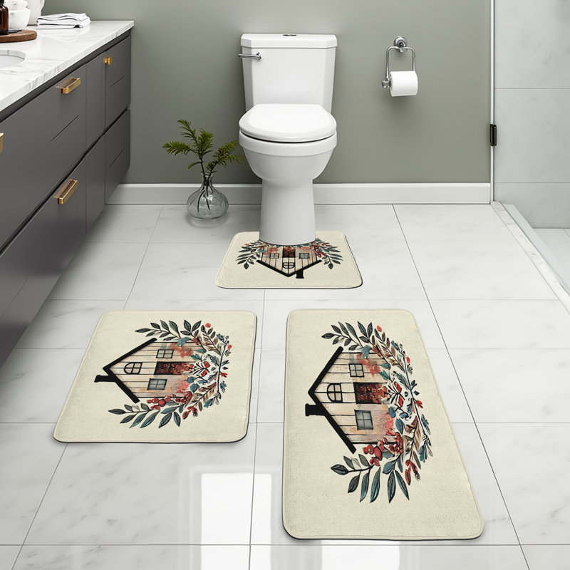  Winter Bathroom Rug Set 3 Pieces U-Shape & Rectangle Mats Pale Khaki Cinnamon Camel