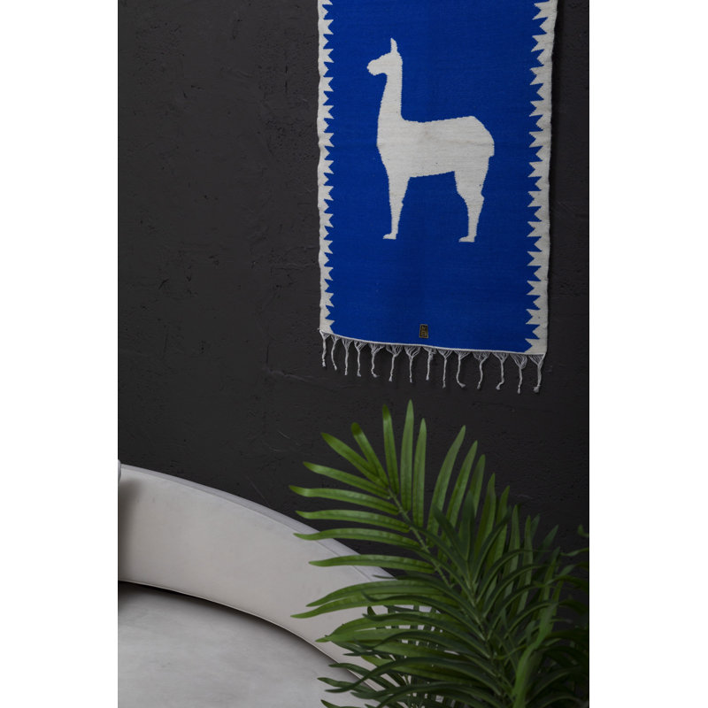 Llamas Sheep Wool Handwoven Tapestries, Aged Bronze Wall Mount, Terracota, Set Of 2, Lapis Blue