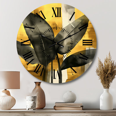 Horloge murale tropicale en métal, imprimée sur métal, motif feuille de bananier dans un air doré