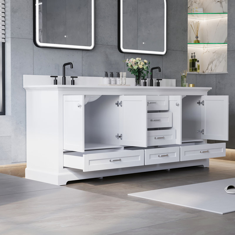 Meuble-lavabo de salle de bain en bois massif, 203 cm (L) x 87 cm (H), avec comptoir en marbre synthétique blanc pur et double lavabo, blanc