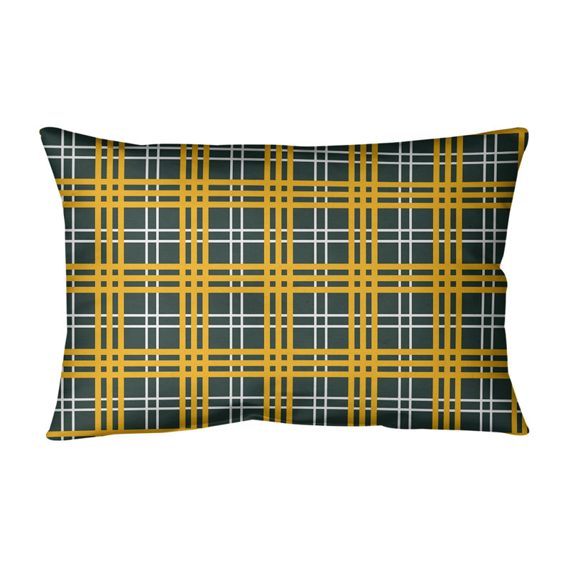 Plaid Outdoor Reversible Throw Pillow, Dark Green/White/Gold