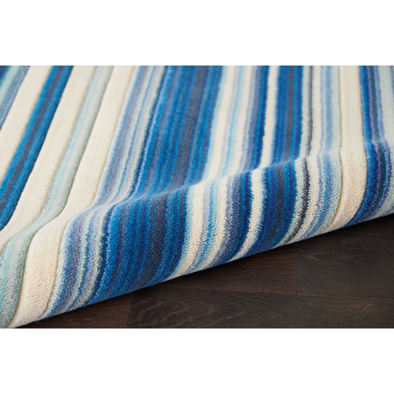 Blue and Off-White Striped Wool Blend Rectangular Rug
