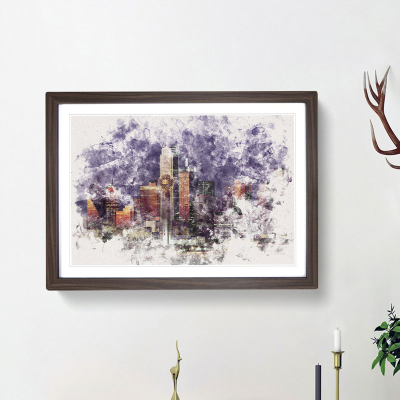 Dallas Texas Skyline At Dusk - Single Picture Frame Painting on MDF, 62cm H x 87cm W x 2cm D, Walnut Framed