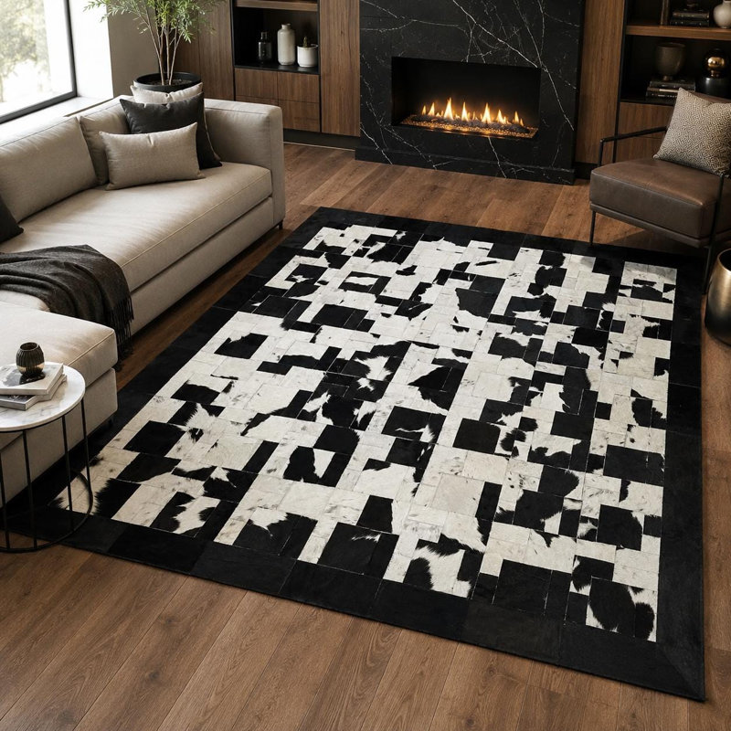 Tapis en cuir de vache noir et blanc fait à la main, tapis en cuir véritable, 3 x 5 pi