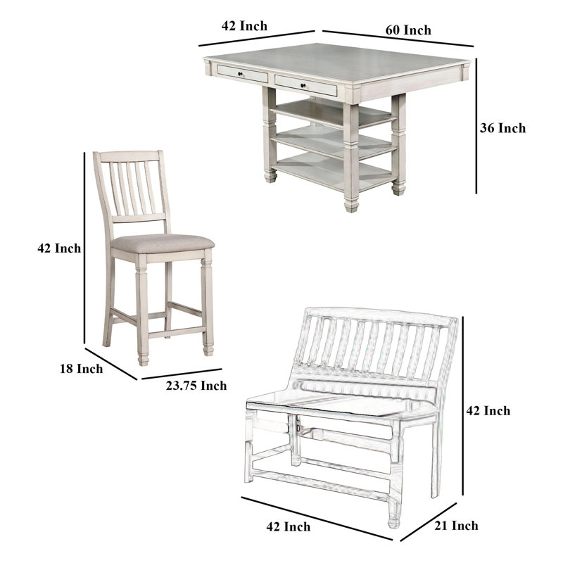 Ensemble de table de salle à manger 6 pièces avec banc et 4 chaises Lyasa, bois massif blanc